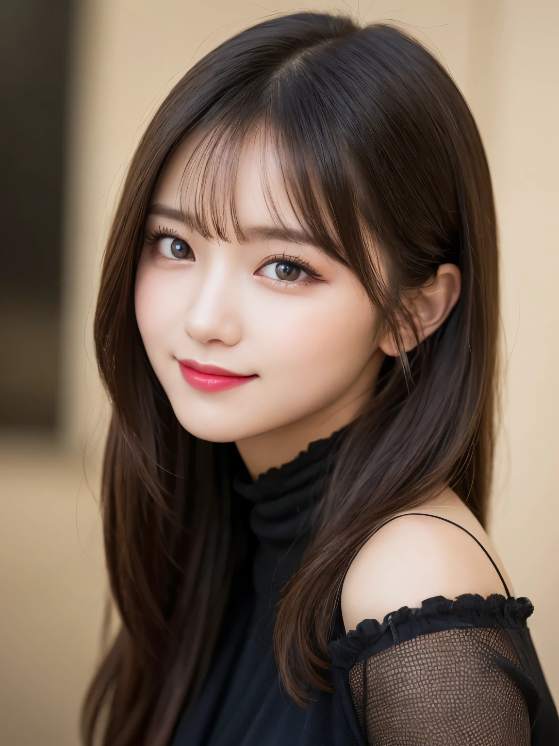 table top, highest quality, shape, Super detailed, finely, High resolution, 8k wallpaper, Perfect dynamic shape, beautiful and detailed eyes, D cup, natural color lip, random sexy pose,smile、20 year old girl、midnight、Beautiful and dense face、perfect and beautiful face,Big eyes、real photos(best image quality),Sheer off-shoulder dress (black)、looking at camera、Please stand、Do gal makeup,blurred background