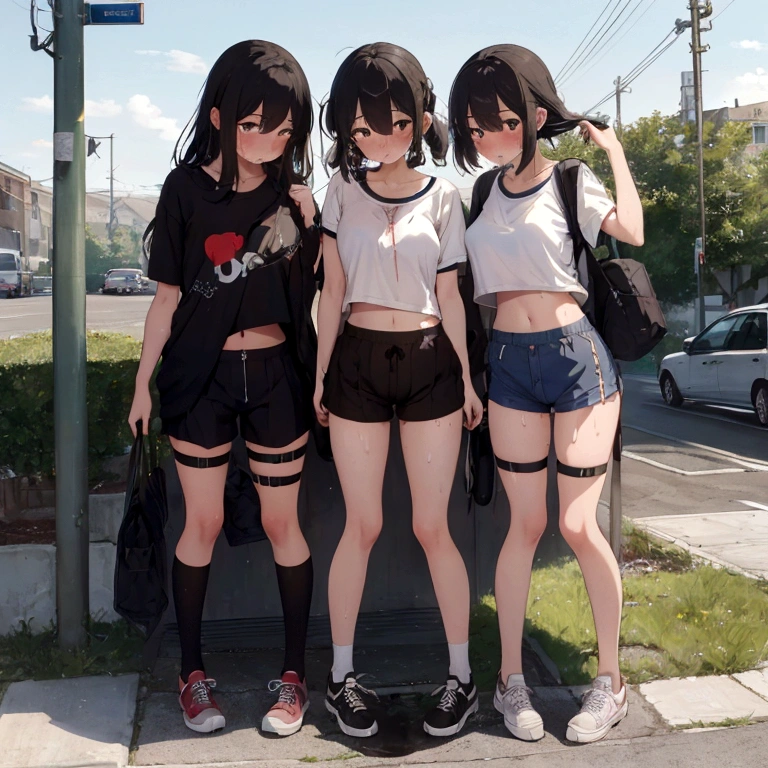 Masterpiece, beautiful slender girl, multiple girls, bus stop, unzipped shorts, pussy peek, pussy, no panties, sweat, sweatdrop, t-shirt, midriff, pussy juice, blushing, bare legs, slim, full body, sneakers, embarrassed, scared, hiding, covering mouth, thigh strap, vibrator, small breasts, peeing, pee, pee puddle, peeing, squirting, pussy juice, pee dripping down leg, pee on shoes, pee stain