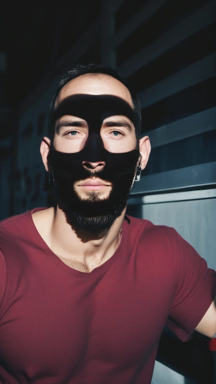 a man, shirtless, chest showing, body hair, big beard, front view