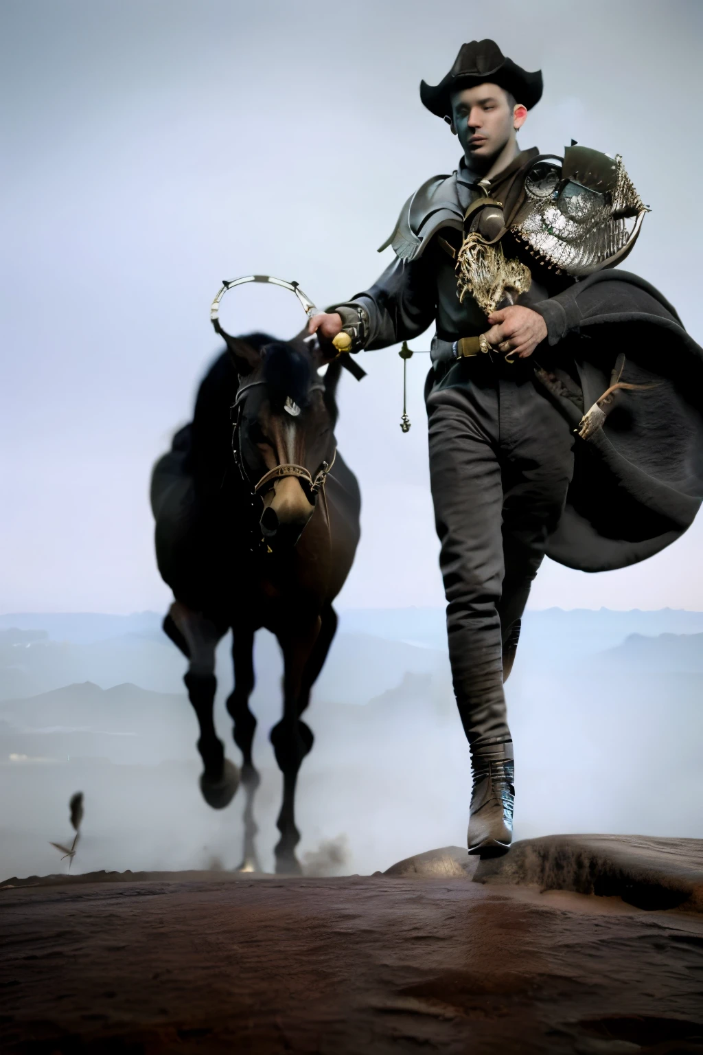 A boy standing on a mountain with very dangerous looking sword and wearing very dangerous looking armour with his armoured horse