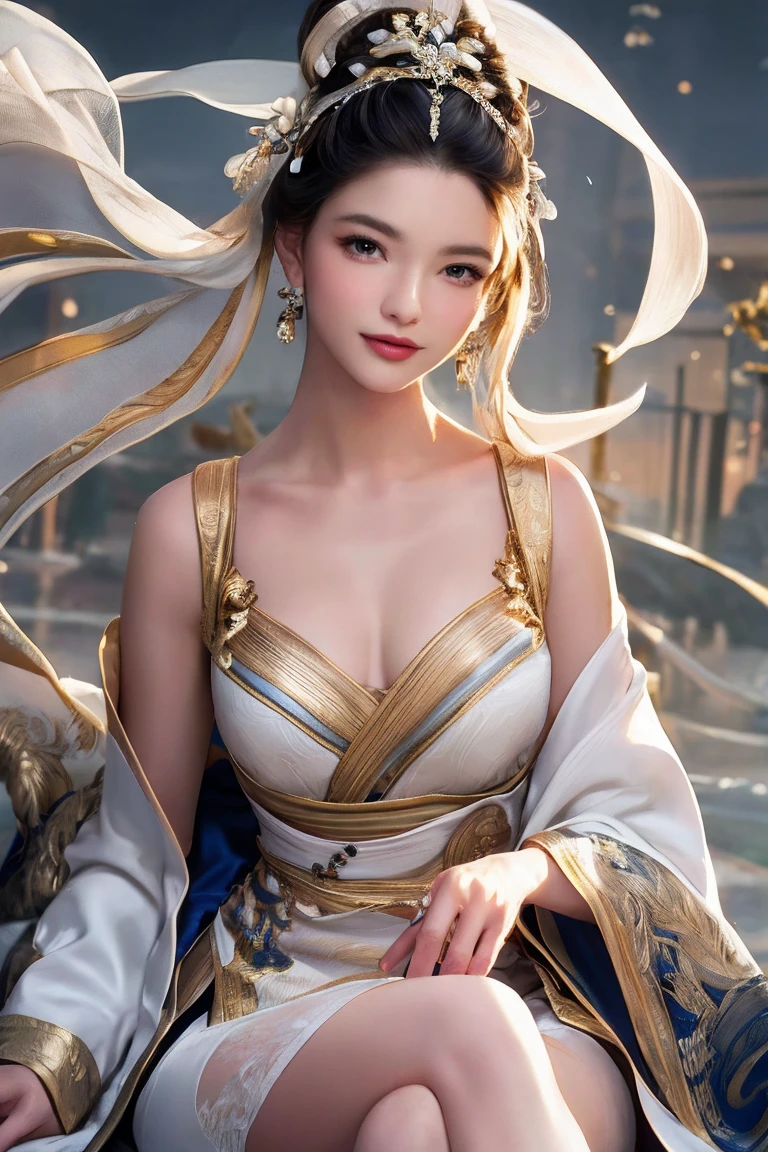 Close-up of face, Ultra-thin face,woman, Chinese style, antiquity,Hanfu, Sitting, White hair, Exquisite clothing patterns, grace, Gorgeous, grace, Smile,sky sky, Ribbon,Sense of Brokenness, This is, bubble, Double braid, hairline, side fringe, Headband, Hair accessories,sparkling, light, Ultra HD, high resolution, Best quality, 8K, High Detail, high quality, Super Detail, Anatomically correct, masterpiece, precise,full,landscape painting,Screen