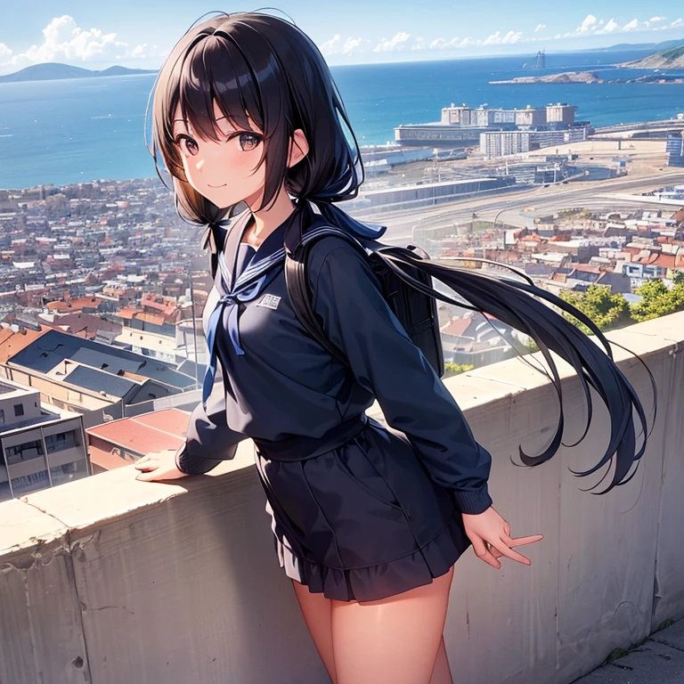 best quality, detailed, masterpiece, 1 girl, standing, gentle smile, , (low twintails:1.4), low pigtails, black hair, long hair, (navy blue sailor suit with blue ribbon:1.2), long sleeves, (dark brown eyes), (school bag), BREAK, from the front, from few above, POV, alone, (steep downhill), (long hill straight road to the back), electric pole, electric cable, hill city, housing, cityscape, sea in the distance, nice view, 15 o'clock, orange sky, animation