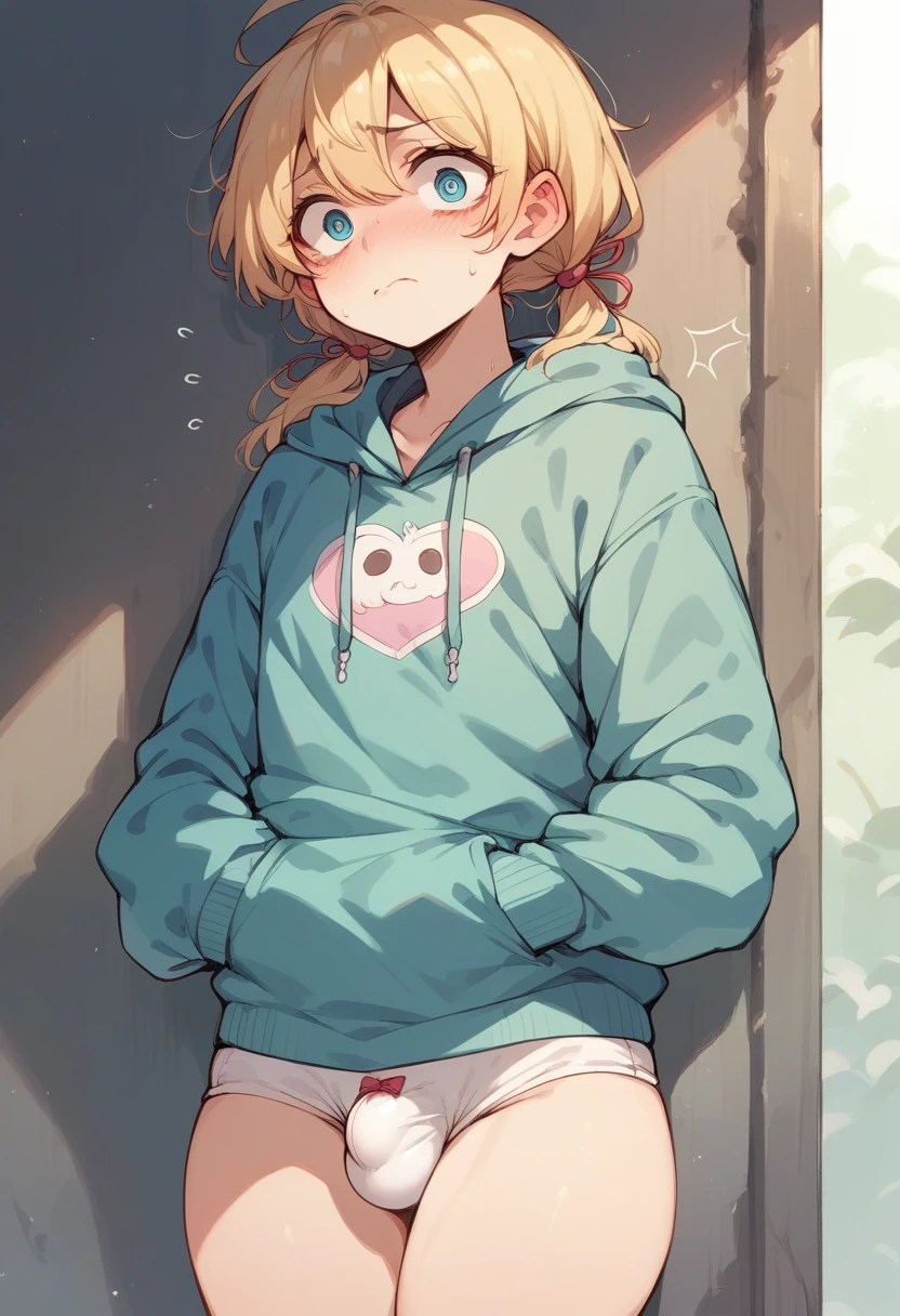 (Crossdresser),blonde low twintails,hoodie,Anxious expression,Groin bulge