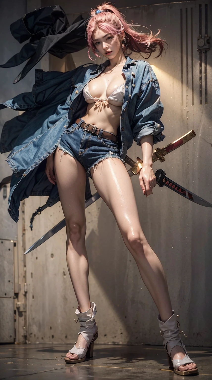 Highest quality、Surreal、Perfect Anatomy、In a crowded, busy street、Surrounded by spectators、Crowd、Wet and shiny white skin、Sweat dripping all over the body、Slender model figure、Ahegao、Golden and pink hair、soaked、Super small face、Collars and Leads、Large cleavage、photo shoot、Japanese sword、Micro Bikini、latex、Heart decoration、Rubber Suit、Distressed denim pants、
