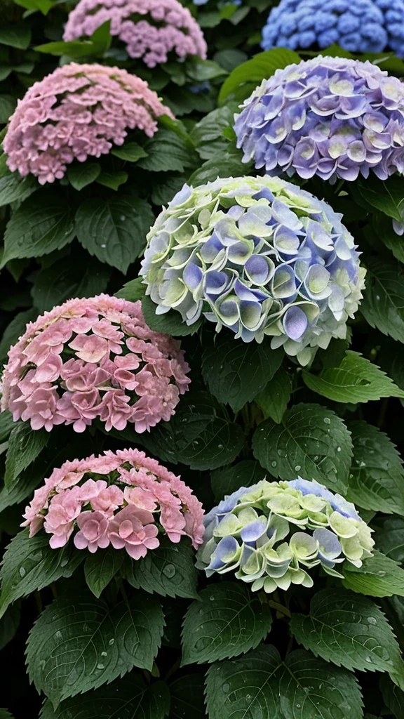 Top quality hydrangeas in full bloom:1.1,(masterpiece),Drooping raindrops,Detailed rain falling:1.2,(masterpiece),Ghibli style,In the mountains,mysterious,Soothing colors,Feel the rain on your skin
