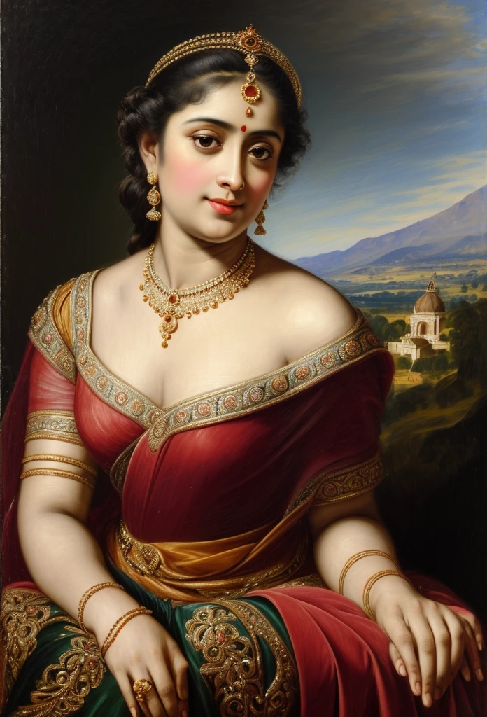 Looks like Jannat Zubair, Beautiful Indian Woman, wearing saree, sari Beauty, gorgeous, Apsara, Maharani, royal queen woman, nymph from Hindu Mythology, Urvashi, matchless beauty, Highly detailed, Oil Painting by Peter Paul Rubens inspired by Raja Ravi Varma, Matchless beauty, captivating, gorgeous, heavenly beauty, celestial beauty, by Peter Paul Rubens, 13, realistic, hyper realistic, micro details, incredible artwork, insane details, ultra High resolution, 8k, 32k, acrylic on canvas, intricate, flawless, detailed, detailed face, detailed eyes, masterpiece, by Peter Paul Rubens, by Caravaggio, by William Adolphe bouguereau, perfect face, perfect body, beautiful art, realism, baroque, renaissance Art, highly textured, beautiful and detailed eyes, uhd, best quality,