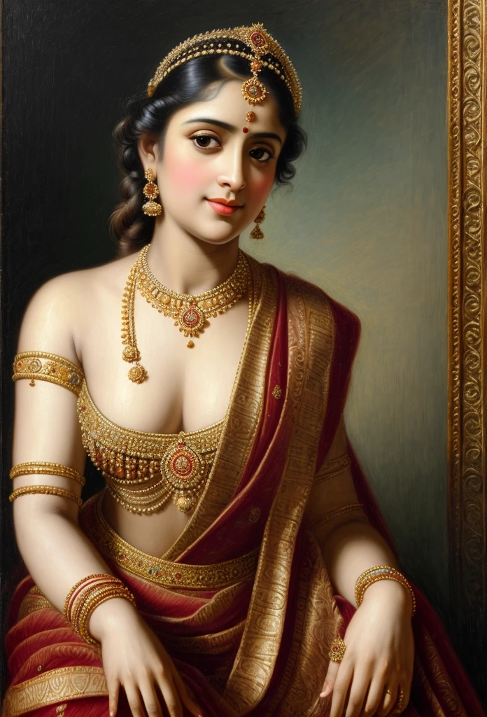 Looks like Jannat Zubair, Beautiful Indian Woman, wearing saree, sari Beauty, gorgeous, Apsara, Maharani, royal queen woman, nymph from Hindu Mythology, Urvashi, matchless beauty, Highly detailed, Oil Painting by Peter Paul Rubens inspired by Raja Ravi Varma, Matchless beauty, captivating, gorgeous, heavenly beauty, celestial beauty, by Peter Paul Rubens, 13, realistic, hyper realistic, micro details, incredible artwork, insane details, ultra High resolution, 8k, 32k, acrylic on canvas, intricate, flawless, detailed, detailed face, detailed eyes, masterpiece, by Peter Paul Rubens, by Caravaggio, by William Adolphe bouguereau, perfect face, perfect body, beautiful art, realism, baroque, renaissance Art, highly textured, beautiful and detailed eyes, uhd, best quality,