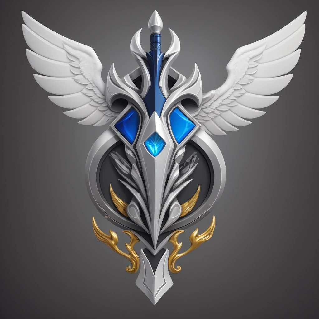 3d rendering, badge, wing, sword, (masterpiece, best quality:1.3), Surreal, Two-tone lighting, octane, illusory , high resolution, Solid color background