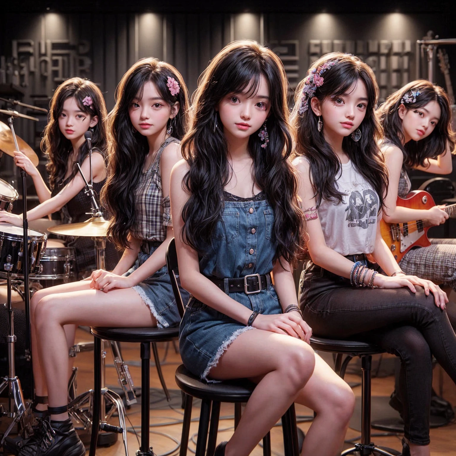 **Photo of 5 beautiful girls, aged 18 to 20, sitting:**
- **3 girls with messy black hair**
- **1 girl with wavy bob black hair**
- **1 girl with a black ponytail**
One girl is playing the drums, one girl is playing the piano, one girl is playing the bass guitar, one girl is playing the guitar, and one girl is singing. They are sitting behind a board with the word "ECHO" written on it. The background is a music studio, complete with drums, guitars, bass guitar, and piano. The image is ultra HD, 4k, photorealistic, raw, and a masterpiece.