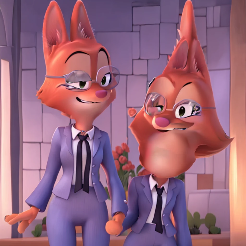 diane foxington, Blue suit, vermilion tie, right eyebrow piercing, SMILE, blush