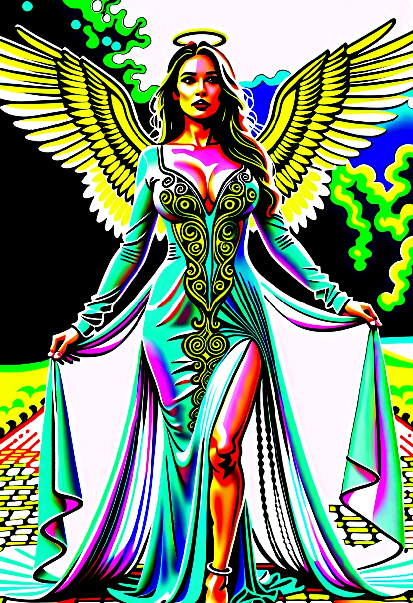 beautiful busty Angel, Wearing luxury dresses with intricate embroidery with golden threads that covers the whole body, luxury gowns with intricate embroidery with golden threads, Floating in the air, angel wings, (angel ring:1.3), outdoor, detailed face, detailed eyes, detailed lips, detailed nose, detailed foot, full body shot, giga_busty, (covered nipples:1.2)