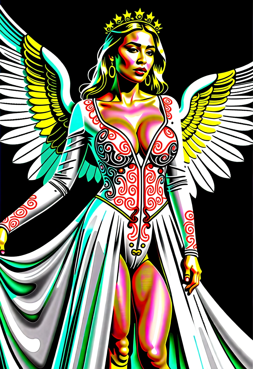 beautiful busty Angel, Wearing luxury dresses with intricate embroidery with golden threads that covers the whole body, luxury gowns with intricate embroidery with golden threads, Floating in the air, angel wings, (angel ring:1.3), outdoor, detailed face, detailed eyes, detailed lips, detailed nose, detailed foot, full body shot, giga_busty, (covered nipples:1.2)