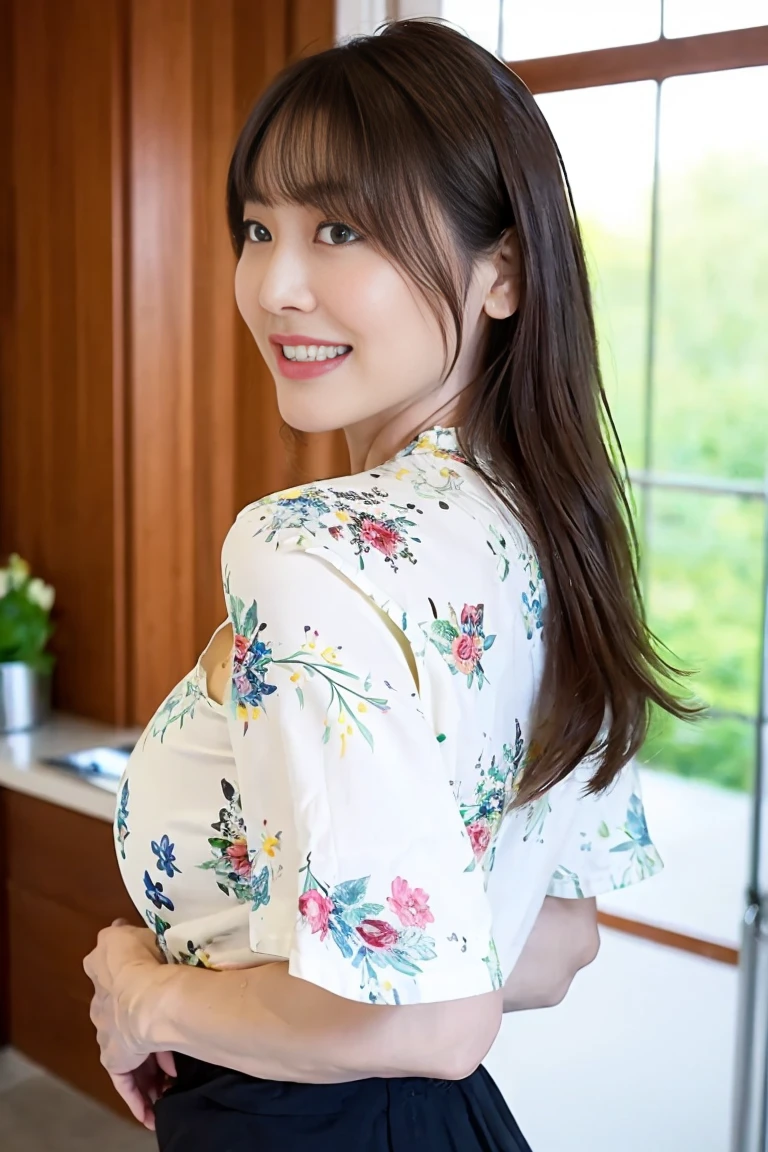((最high resolution、8K、masterpiece:1.3))、Photoriasis、Photorealism、high resolution、High resolution、Portrait、solo、Japanese、smile、Plump body、Beauty、 years old、((Big Tits:1.3))、Big Butt、Wavy Hair、ponytail、Wrinkles at the corners of the eyes、necklace、bracelet、((Full nudity))、Naked Apron、Fruit patterned apron that covers the chest、There is no apron on the back half、I can see your ass、You can even see her thighs、From the backの角度、From the back見る、From the back、Back view、kitchen、NSFW、