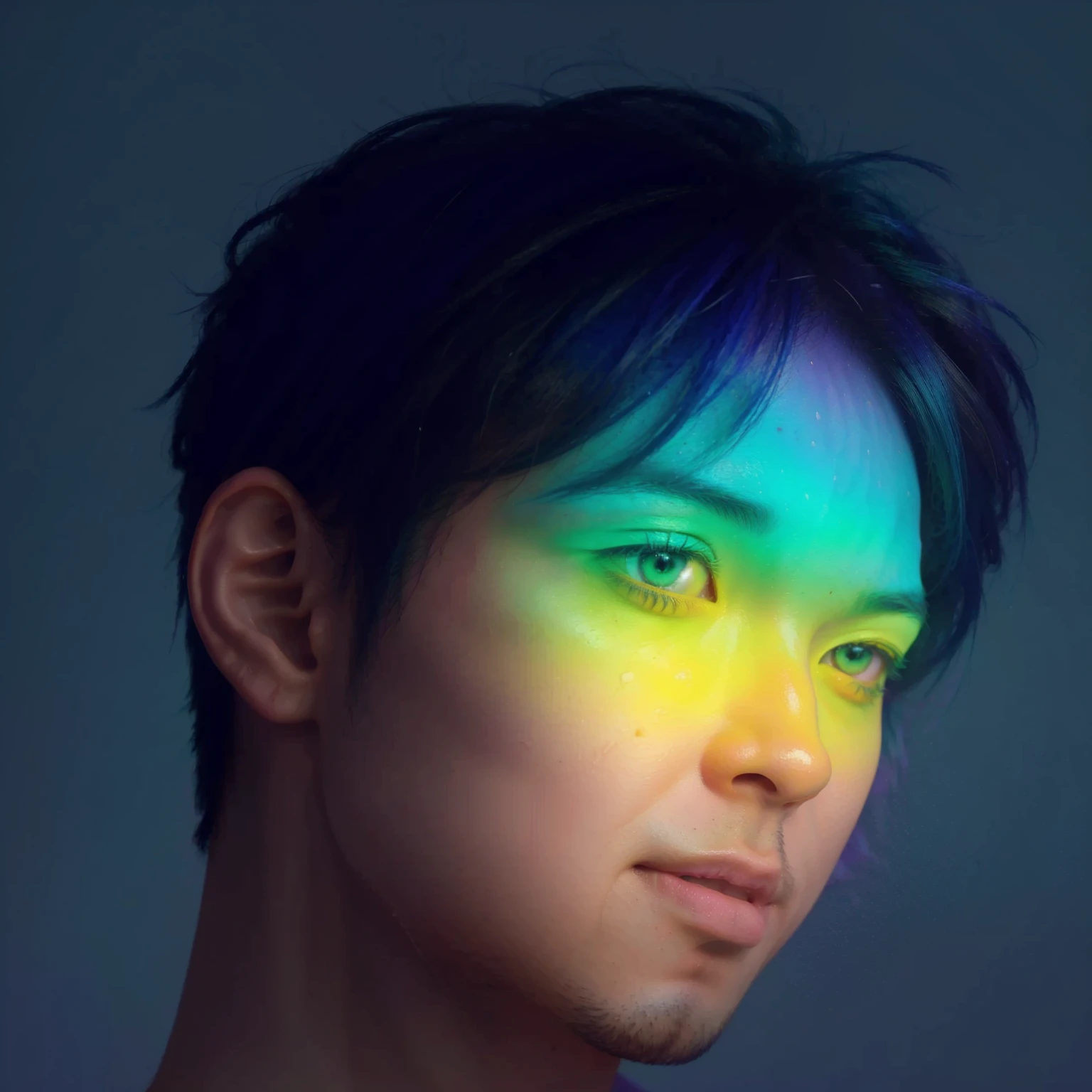 arafed image of a man with a rainbow color lighted face, inspired by Yanjun Cheng, inspired by Russell Dongjun Lu, inspired by jeonseok lee, yanjun chengt, inspired by Bian Shoumin, by Russell Dongjun Lu, inspired by Yeong-Hao Han, glowing rainbow face, by Yanjun Cheng, vibrant fan art, glowing with colored light