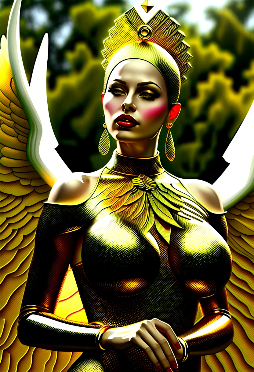 beautiful busty Angel, Wearing luxury dresses with intricate embroidery with golden threads that covers the whole body, luxury gowns with intricate embroidery with golden threads, Floating in the air, angel wings, (angel ring:1.3), outdoor, detailed face, detailed eyes, detailed lips, detailed nose, detailed foot, full body shot, giga_busty, (covered nipples:1.2)