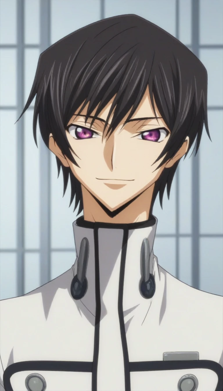 score_9, score_8_up, score_7_up, source_anime, rating_safe, intricate details, anime screencap, , , looking at viewer, depth of field, 1boy, solo, male focus, lelouch_lamperouge, black hair, purple eyes, bangs, smile, cute, black doctor suit costume, hospital, dusk,
