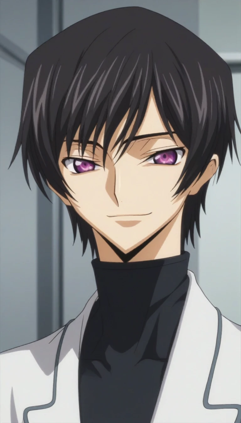 score_9, score_8_up, score_7_up, source_anime, rating_safe, intricate details, anime screencap, , , looking at viewer, depth of field, 1boy, solo, male focus, lelouch_lamperouge, black hair, purple eyes, bangs, smile, cute, black doctor suit costume, hospital, dusk,