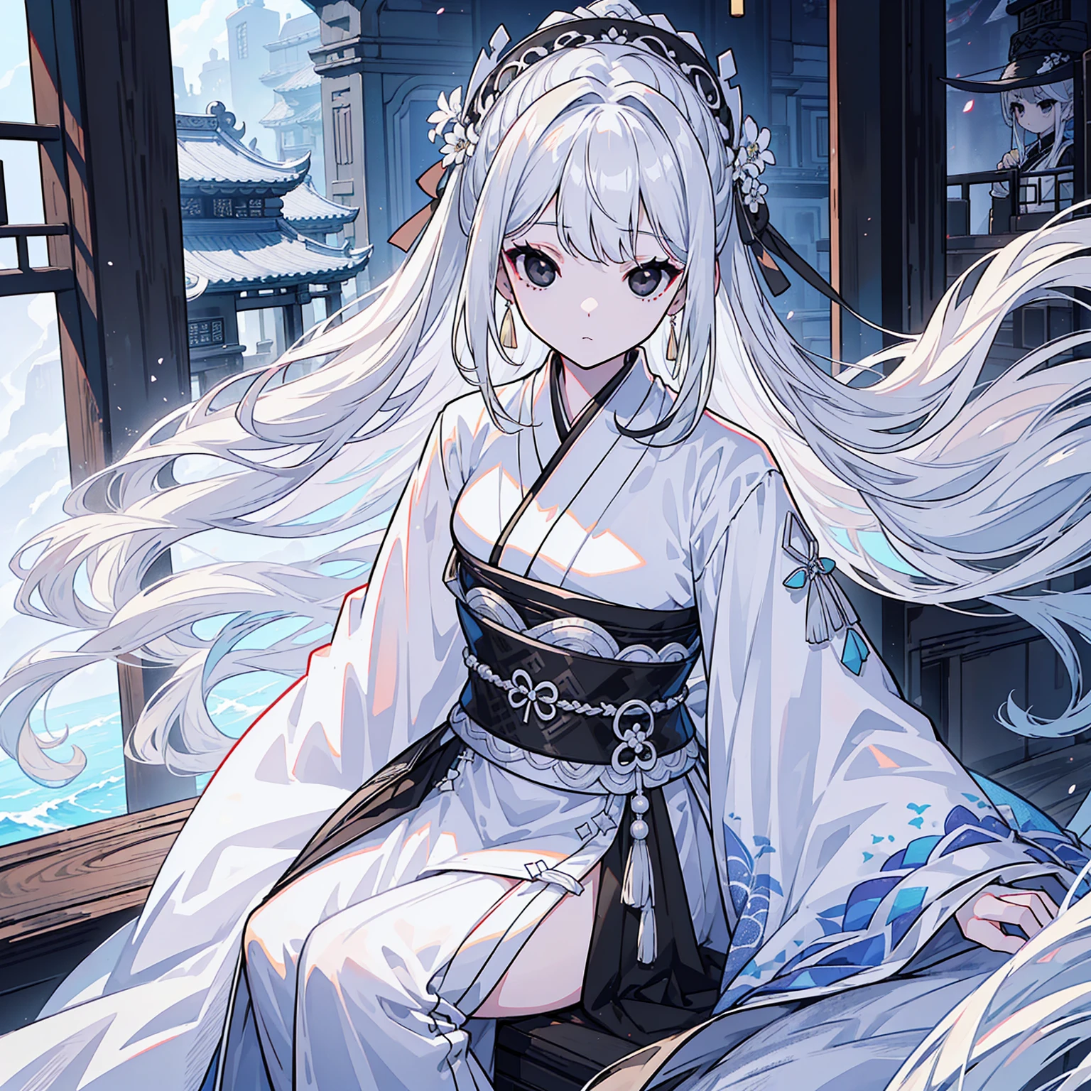 (Top image quality)、(Ultra Detailed)、(Facing forward)、top quality、masterpiece、((((1 girl))))、Silver Hair、white hair、((Long hair))、(black eyes:1.6)、((Hanfu))