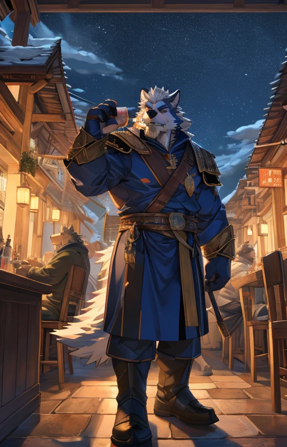 (off white),(warrior服装),night,Heroic,Mature,tall and big,Great posture,Drinking,(The background is a noisy pub:1.2),Abdominal muscles,Honest,完美的masterpiece,masterpiece,CG,(black eyes),off white色图案,off white尾巴,warrior,heroic,Wolf,off white相间的毛皮,(Long feathers),((Middle-aged uncle)),(Face Focus),(16K),HD,off white相间的腹部,Hut,beard,(Face line),Heterochromia,(White hair),(high resolution:1.3)