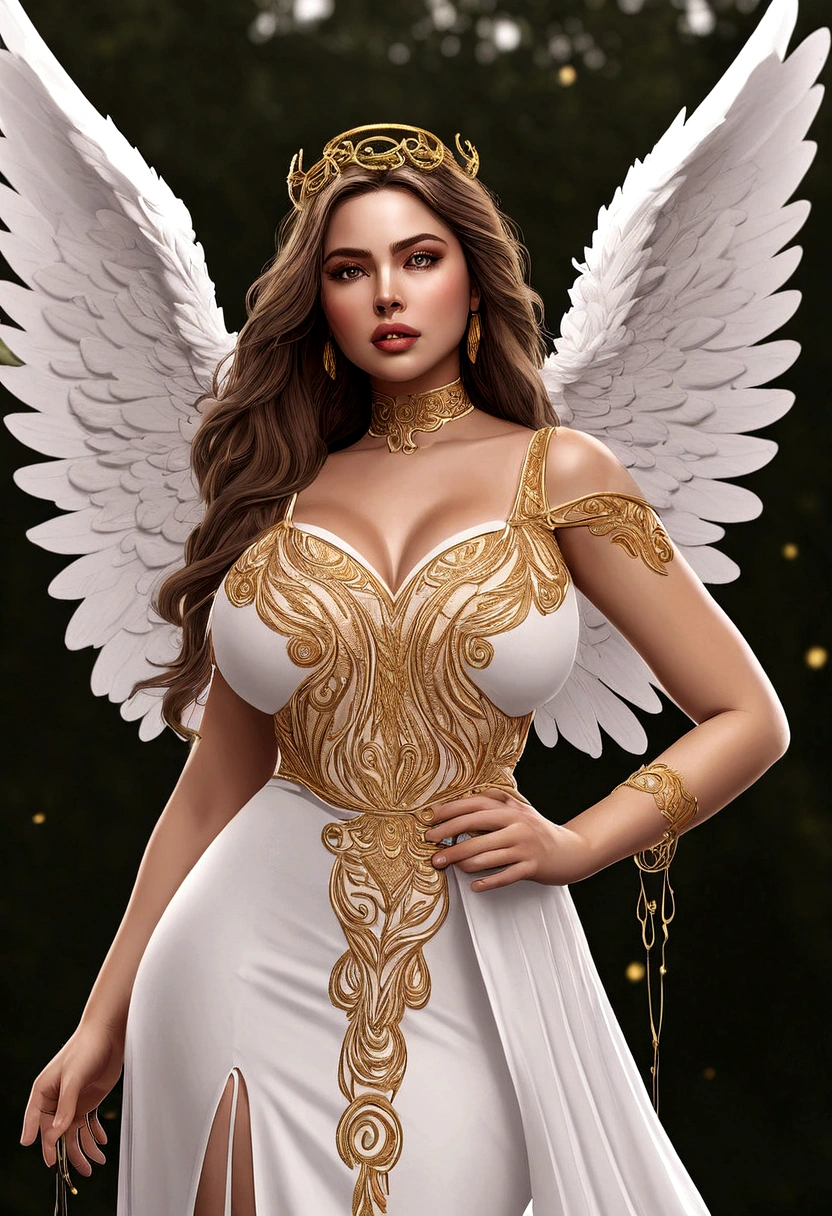 beautiful busty Angel, Wearing luxury dresses with intricate embroidery with golden threads that covers the whole body, luxury gowns with intricate embroidery with golden threads, Floating in the air, angel wings, (angel ring:1.3), outdoor, detailed face, detailed eyes, detailed lips, detailed nose, detailed foot, full body shot, giga_busty, (covered nipples:1.2)