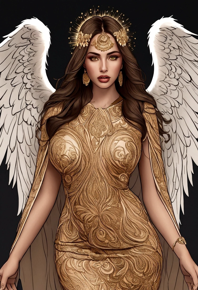 beautiful busty Angel, Wearing luxury dresses with intricate embroidery with golden threads that covers the whole body, luxury gowns with intricate embroidery with golden threads, Floating in the air, angel wings, (angel ring:1.3), outdoor, detailed face, detailed eyes, detailed lips, detailed nose, detailed foot, full body shot, giga_busty, (covered nipples:1.2)