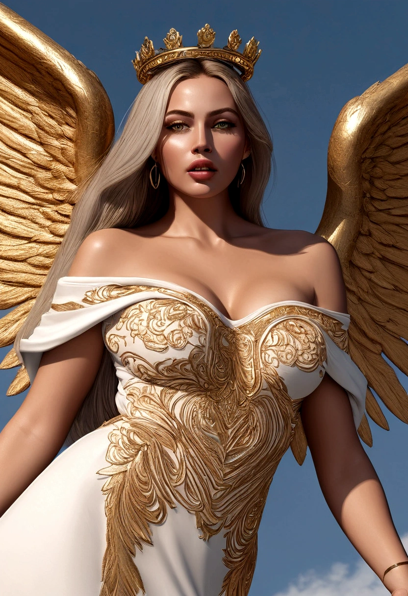 beautiful busty Angel, Wearing luxury dresses with intricate embroidery with golden threads that covers the whole body, luxury gowns with intricate embroidery with golden threads, Floating in the air, angel wings, (angel ring:1.3), outdoor, detailed face, detailed eyes, detailed lips, detailed nose, detailed foot, full body shot, giga_busty, (covered nipples:1.2)