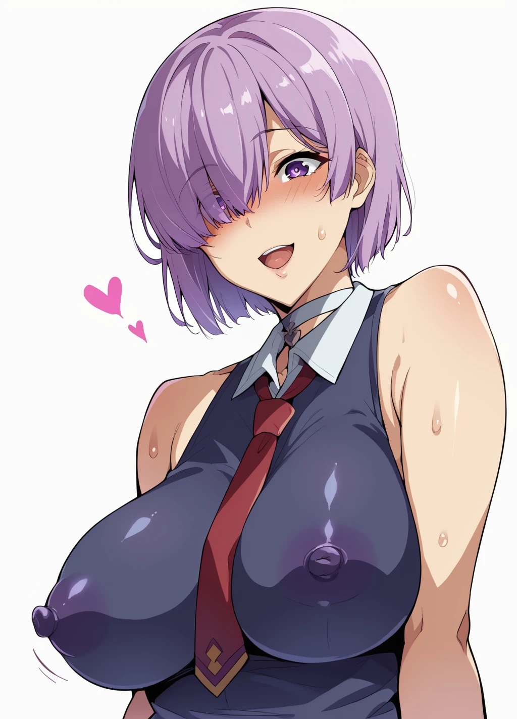 Ultra-detailed illustrations、Ultra-precise expression、masterpiece、Highest quality、ultra High resolution、High resolution、Hiromitsu Takeda Style、White background、Simple Background、One girl、solo、Mash Kyrielight、light purple hair,short hair,hair over one eyes、No sleeve, White collar、Red tie、Purple eyes、Vulgar expression、smile、Open your mouth、blush、Large Breasts、Big Breasts、Erect nipples、Choker of Hearts、White Breath、Sweat、Glowing Skin、shiny skin、Front angle、View your viewers、