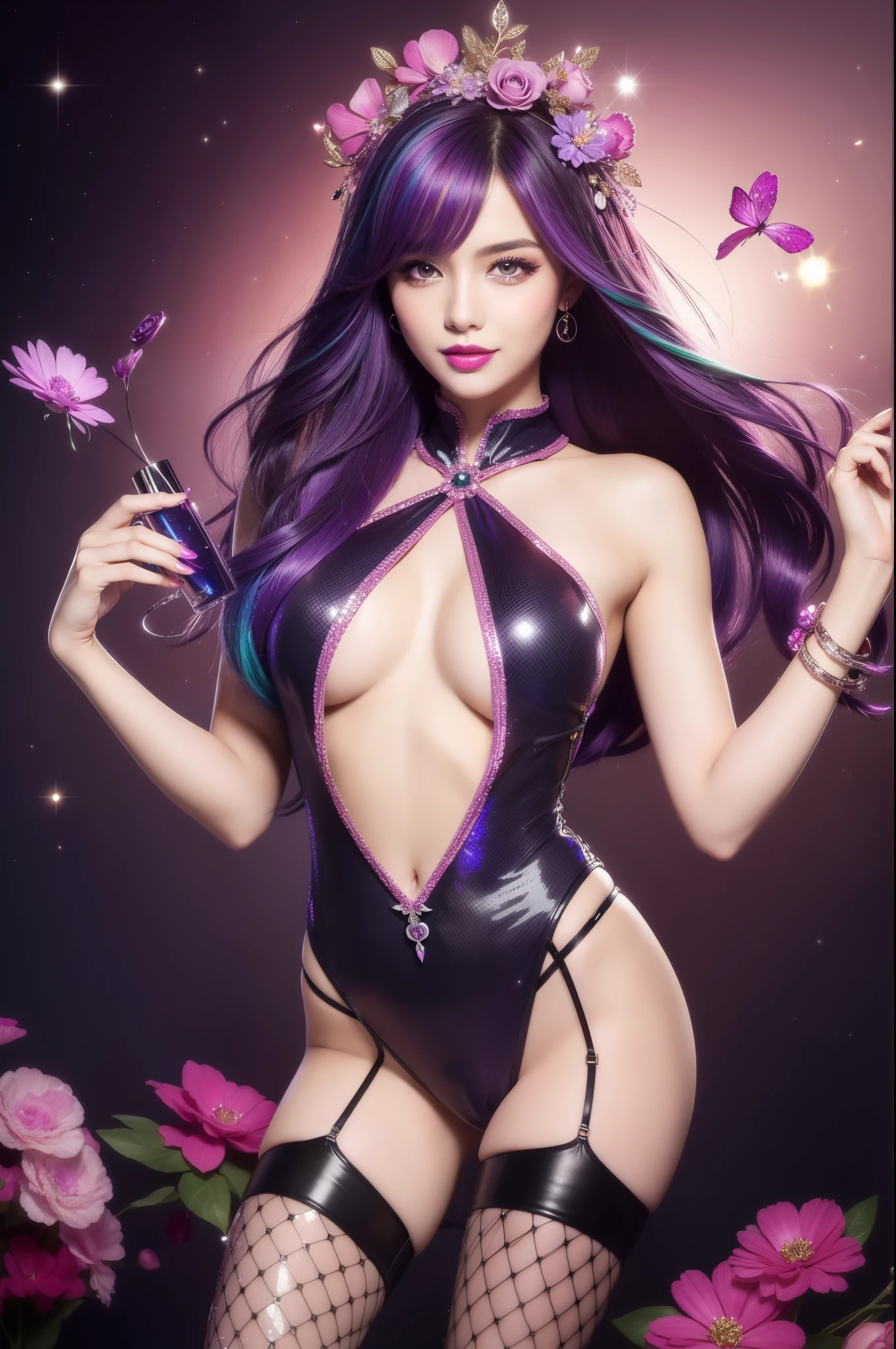 sexy Italian model who controls poison、beautiful smile、lipgloss、intense makeup、look at the camera、full body Esbian、、sparkling poisoned flower costume、、、、shiny sparkling multicolor hair、secrete poison、skull hair accessories、 fishnet tights、shiny sparkling flowers background