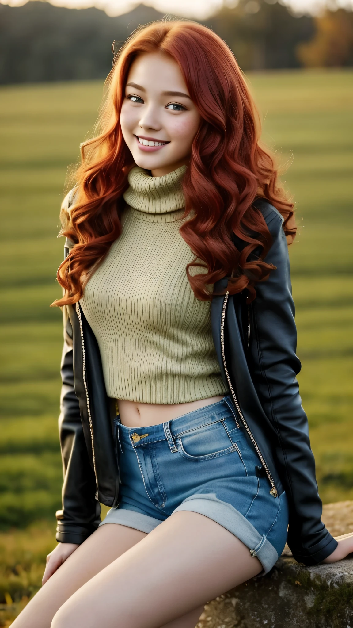 1. Cute adorable and alluring young teen ginger, age 13, Solo, with a bright red hair, Freckles scattered across her cheeks, Blue-green sparkling eyes, Wearing a fitted sweater that accentuates her  frame, Skinny jeans tucked into high socks, Knee-high boots, Leather jacket draped casually over her shoulders, Adorable smile, Playing with a daisy chain, Realistic, Capturing the allure of her youthful charm.

2. Sweet and cute Eurasian lady, age 25, Solo, with luscious curls that fall down to her mid-back, Almond