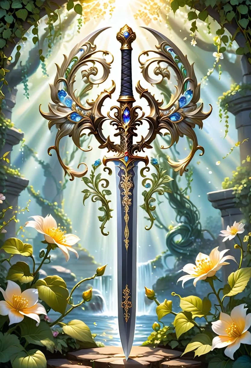 Alloy Iron Flower Magic Sword，Alloy vines surround the magic sword,There are iron flowers on the sword，Delicate metallic flowers sparkle in dappled sunlight, Like metallic flowers glittering in the sun, Each petal is carefully crafted，And using exquisite gouache painting techniques to present, Every stroke embodies its beauty and power, (((Intricate details:1.4))), (((Crazy details:1.4))), (((high quality:1.3))), The ultimate artistic level, (((high quality:1.3))), (((Radiance is beautifully rendered in stunning 32k resolution:1.3))),