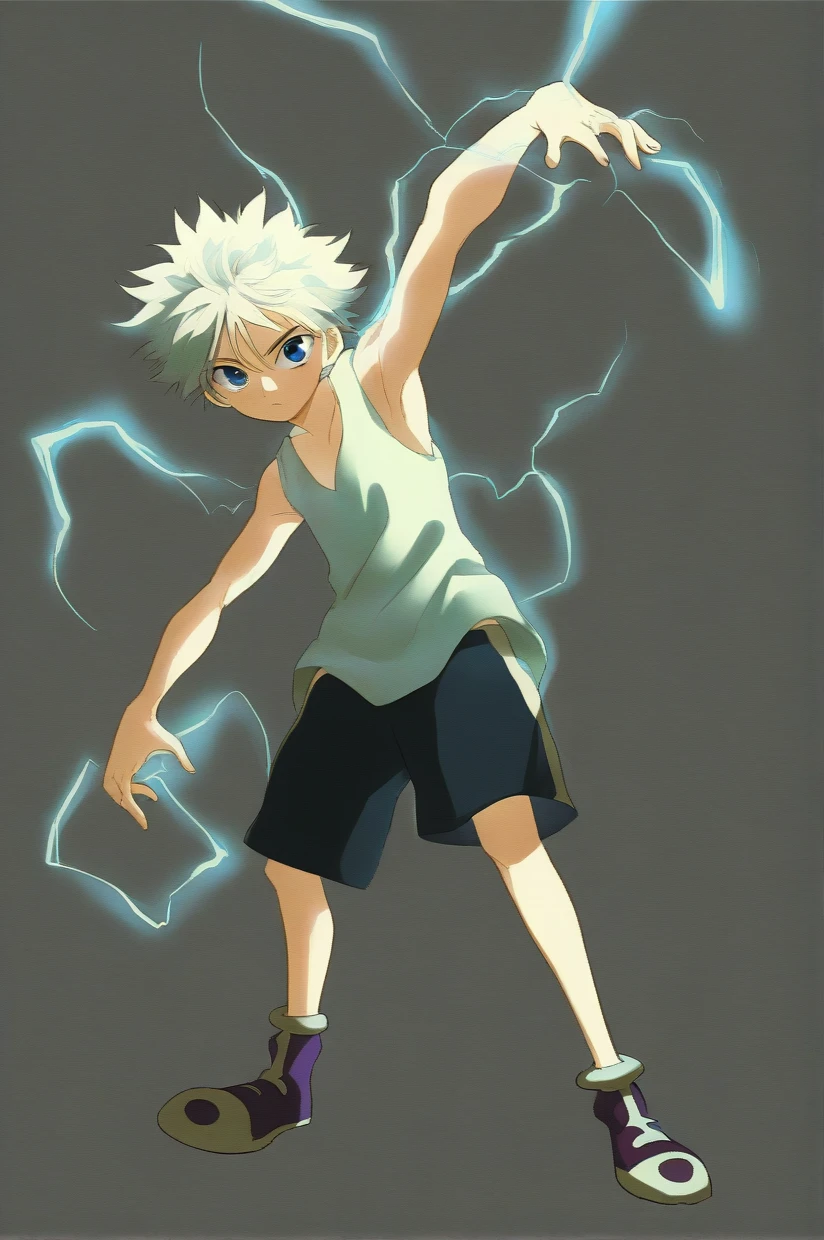 killua_zoldyck, 1boy, solo, looking at viewer, blue eyes, simple background, shirt, closed mouth, standing, full body, white hair, male focus, shoes, shorts, sleeveless, blue background, black shorts, tank top, spiked hair, hand in pocket, electricity, male , score_8_up, rating_safe,shirtless and showing armpits