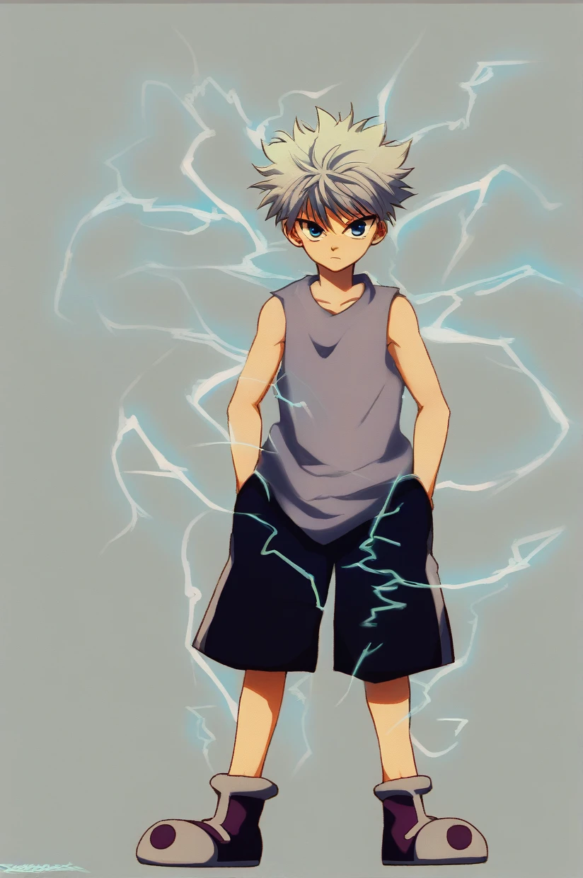 killua_zoldyck, 1boy, solo, looking at viewer, blue eyes, simple background, shirt, closed mouth, standing, full body, white hair, male focus, shoes, shorts, sleeveless, blue background, black shorts, tank top, spiked hair, hand in pocket, electricity, male , score_8_up, rating_safe,shirtless and showing armpits