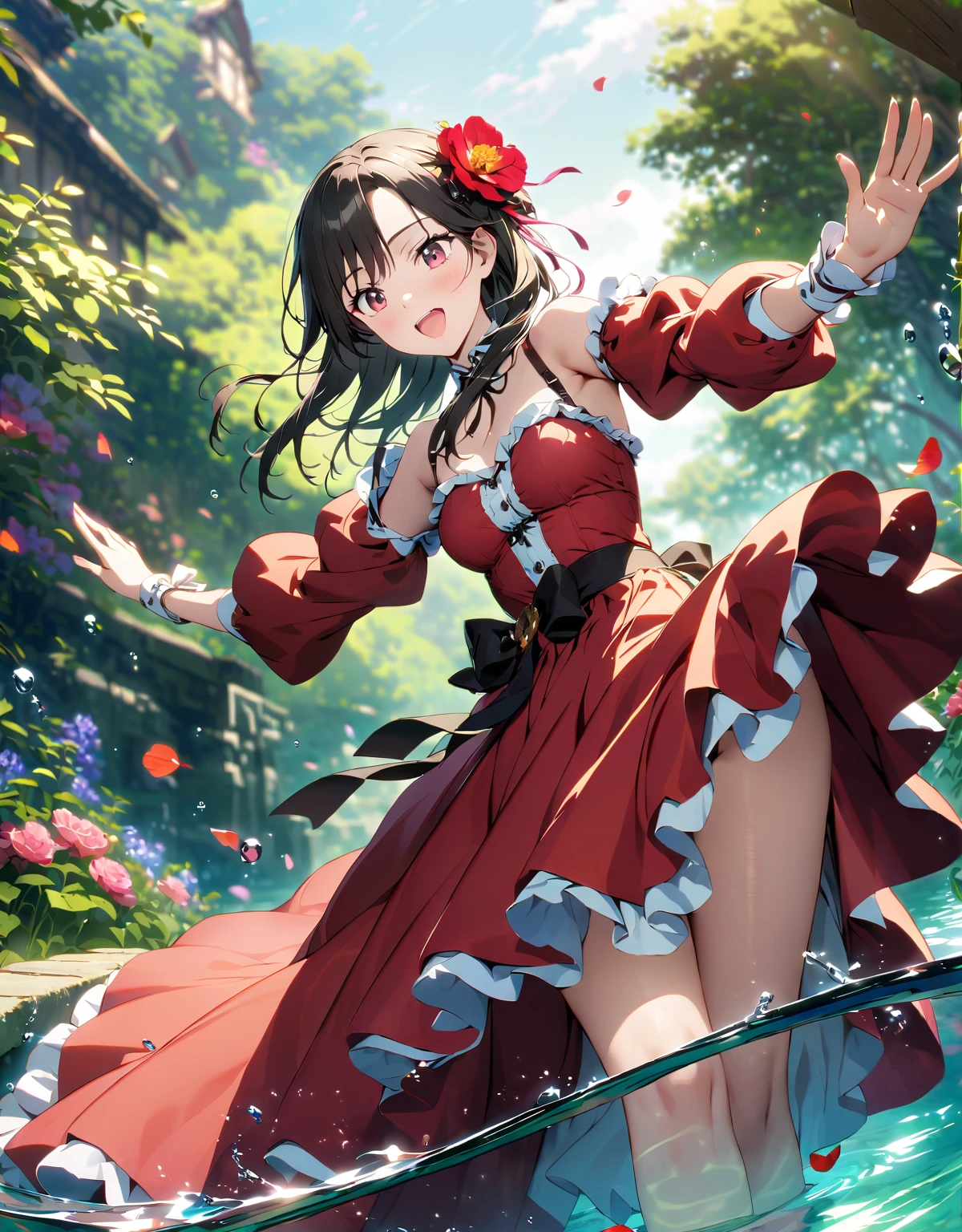 (超detailedなイラスト:1.2),Very delicate and beautiful,非常にdetailed,CG,Unity,8k wallpaper,wonderful,detailed,masterpiece,The best quality in the best condition,Official Art,非常にdetailed CG 8k Unbelievably ridiculous resolution,Beautiful and exquisite,High resolution,非常にdetailedな目と顔,garden with flowers,Dressed in a red dress, On the water,dance