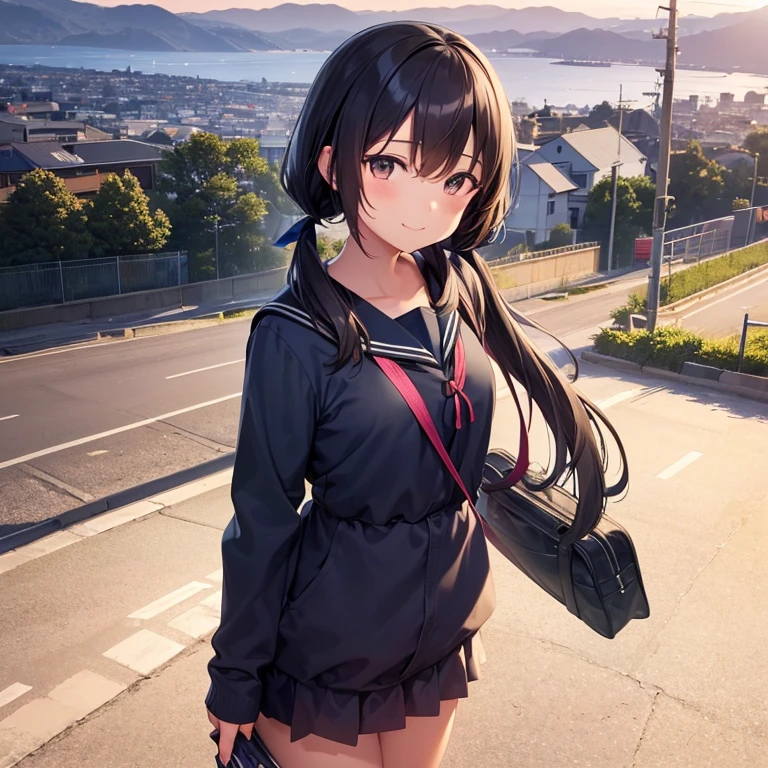 best quality, detailed, masterpiece, 1 girl, standing, gentle smile, 15yo, (low twintails:1.4), low pigtails, black hair, long hair, (navy blue sailor suit with blue ribbon:1.2), long sleeves, (dark brown eyes), (school bag), BREAK from the front, from few above, POV, alone, (steep downhill), (long hill straight road to the back), electric pole, electric cable, hill city, housing, cityscape, sea in the distance, nice view, 15 o'clock, orange sky, animation