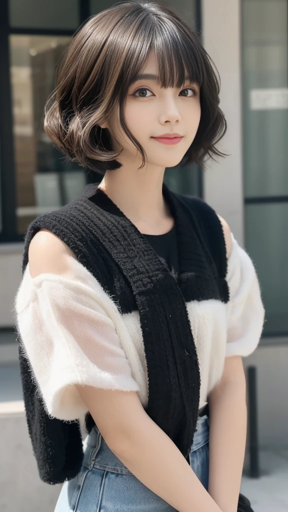 (Highest quality, Very detailed, masterpiece:1.2), 1 women, Very thin body, length, Thin legs, ((Black wavy short hair:1.2)), ((Thick and fluffy bangs)), Very detailedな顔,A faint smile, small, Thin Nose, small thin mouth, Extremely sharply focused eyes, Japanese, Beautiful Face, Realistic eyes, Beautiful and beautiful eyes, Realistic Skin, Beautiful Skin, charm, (A vivid face), Beautiful Hairstyles,((Over Size Tシャツ),((脇を見せる,腕を上げる)),Creepy and unique hairstyles,下からのアングル, High resolution, Vibrant color palette, Mysterious and mysterious stone wall, Amazing place,Characteristic dark shadows and strange details, background