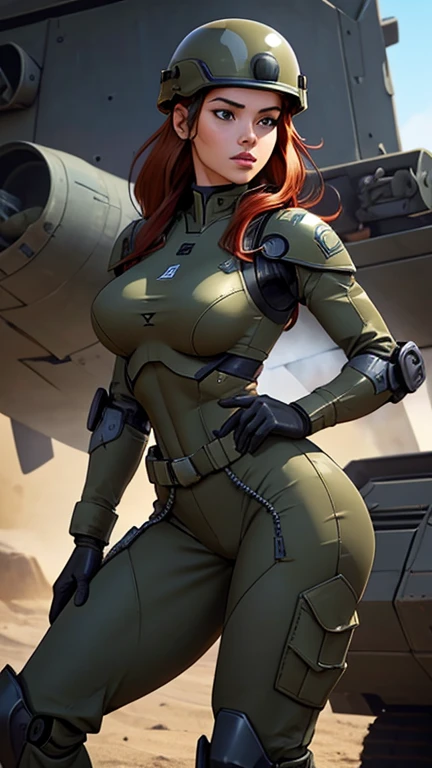 1woman 20 years old, sculpted, israel military, wearing a soldier helmet, beautiful, perfect body, realistic, red hair, perfect body, thin waist, tight round ass, perfect ass, full outfit, wide hips, large breasts, slim thighs, jungle background, armored vehicle, flying fighters, military robot dog, grey and black urban camouflaged uniform, wealth of details, tight panties marking on the front, head to toe, highly detailed, high resolution, prefect hands