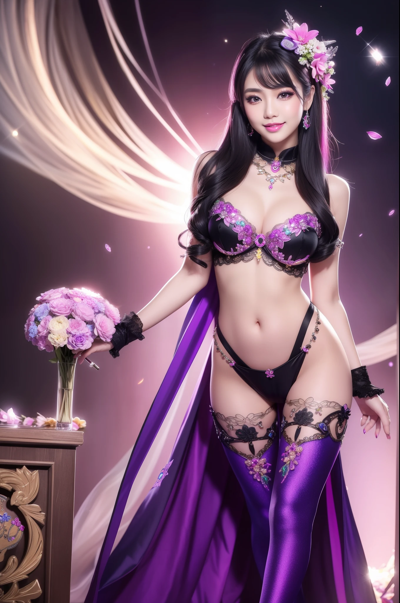 sexy Thai model who controls poison、beautiful smile、lipgloss、long lashes、smokey eyeshadow、look at the camera、full body Esbian、、sparkling poisoned flower costume、、、、sparkling Colorful hair、secrete poison、skull hair accessories、ultra detailed tights、shiny sparkling flowers background