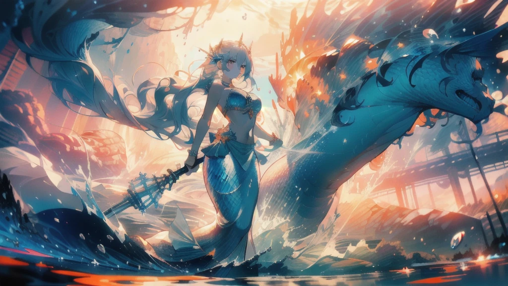 ((masterpiece, best quality)), Epic battlefield atmosphere,Delicate face,Mermaid Under the Sea,Holding a staff,whole body,Standing picture,Glowing orange eyes,Large Breasts,Gradient white long wavy hair,Perfect body proportions,Pure white background,Water Ripples,Lace,Sex bikini