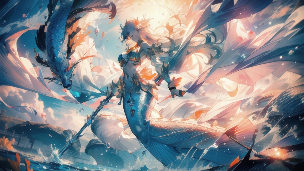 ((masterpiece, best quality)), Epic battlefield atmosphere，Delicate face，Mermaid Under the Sea，Holding a staff，whole body，Standing picture，Glowing orange eyes，Large Breasts，Gradient white long wavy hair，Perfect body proportions，Pure white background，Water Ripples，Lace，Sex bikini