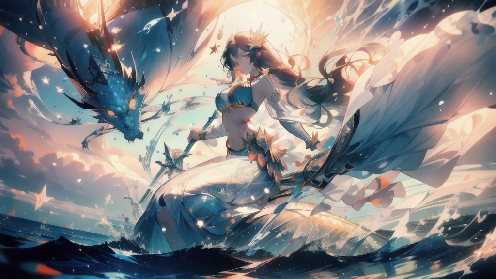 ((masterpiece, best quality)), Epic battlefield atmosphere，Delicate face，Mermaid Under the Sea，Holding a staff，whole body，Standing picture，Glowing orange eyes，Large Breasts，Gradient white long wavy hair，Perfect body proportions，Pure white background，Water Ripples，Lace，Sex bikini