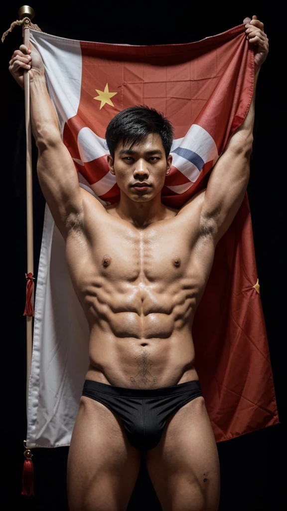 1 Chinese man 2 He is holding a flag 8 meters long and it is the flag of China 3 he has a black background 4 he has six-pack abs 5 he has tattoos of Chinese dragons 6 The man is almost naked 