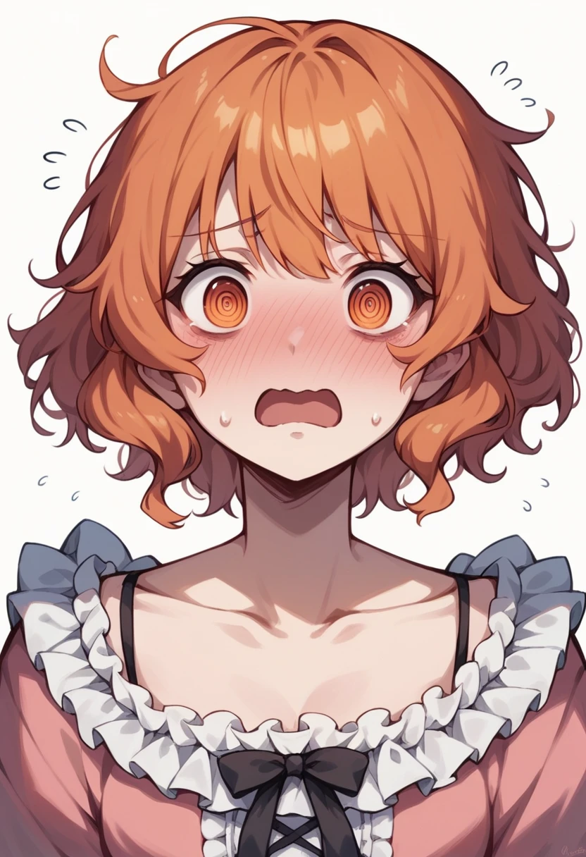 (embarrassed), red hair, orange hair, WeriArt Style, 1girl, blush, upper body, highly detailed eyes, hires, collarbone, frilled dress, open mouth