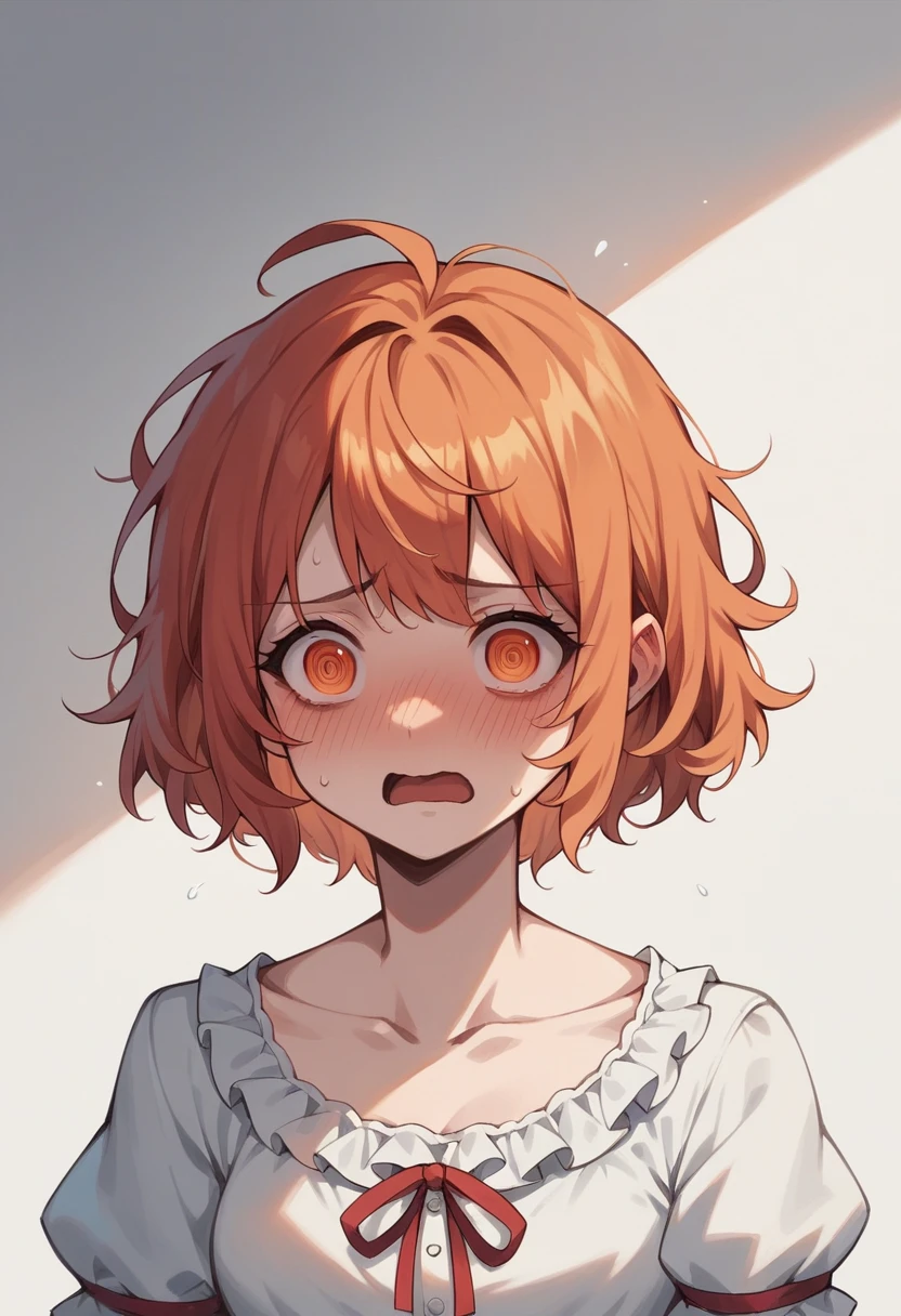 (embarrassed), red hair, orange hair, WeriArt Style, 1girl, blush, upper body, highly detailed eyes, hires, collarbone, frilled dress, open mouth