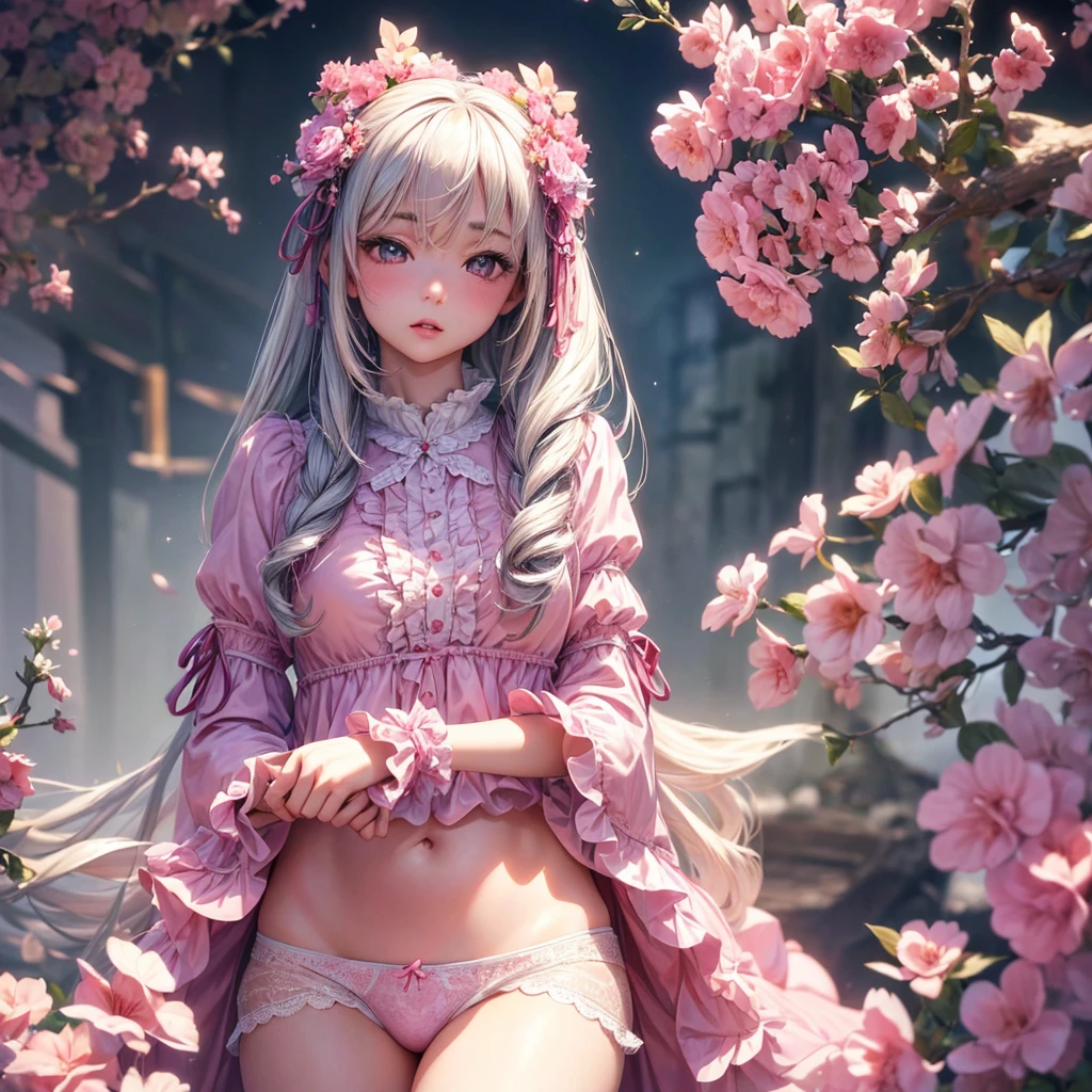 a cute asian girl, lolita fashion, pink panties, removing panties, detailed face, beautiful eyes, detailed lips, long eyelashes, porcelain skin,  figure, detailed clothing, ribbons, lace, frills, overflowing emotions, blushing, shy expression, soft lighting, pastel colors, bokeh background, delicate, innocent, pure, (best quality,4k,8k,highres,masterpiece:1.2),ultra-detailed,(realistic,photorealistic,photo-realistic:1.37)