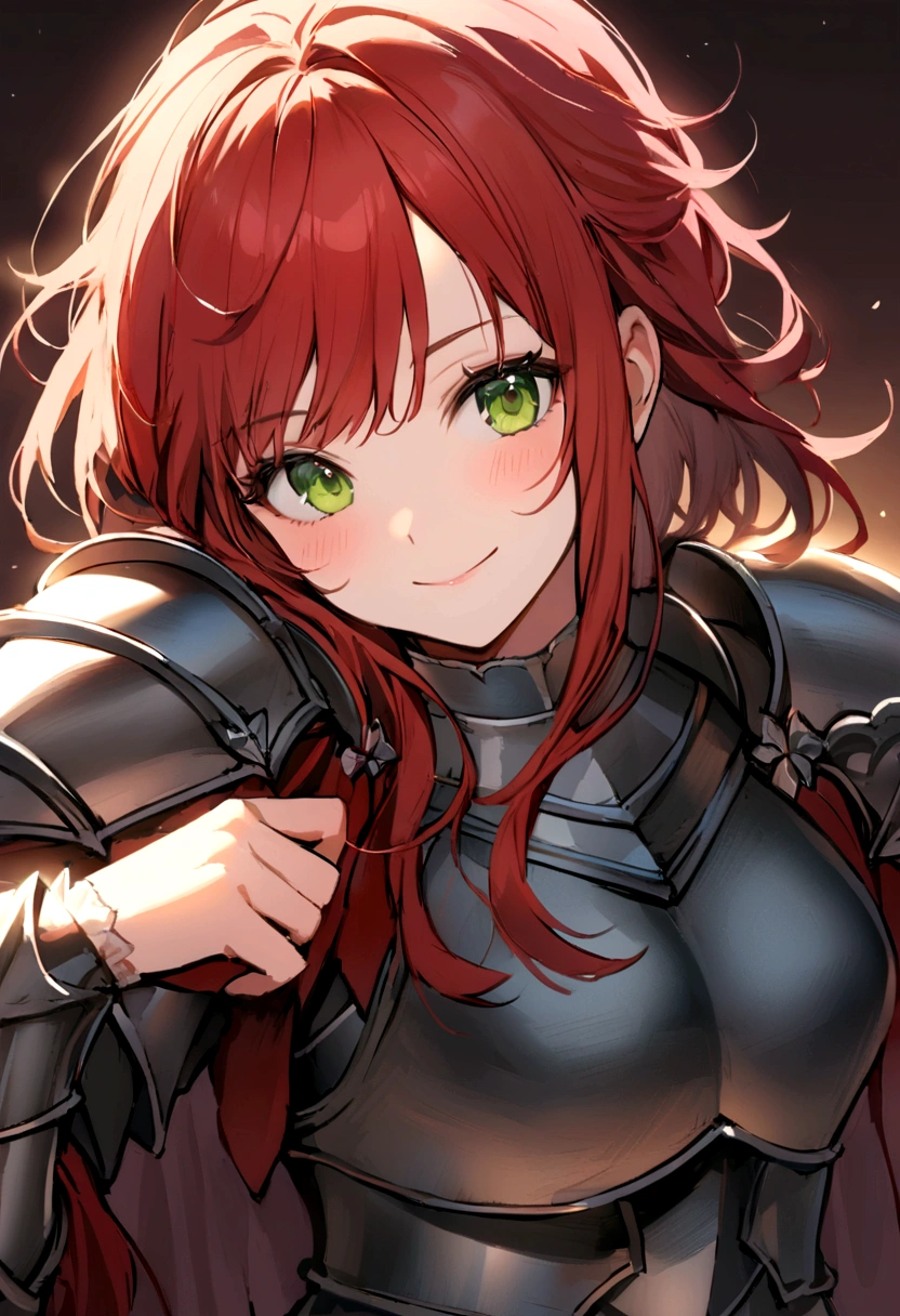 create for me the image of a girl in medieval armor, she is on a fighting brave pose with a brilliant smile and she has her ax laying on her shoulder, she has messy, short and red hair, green eyes. She's very strong.