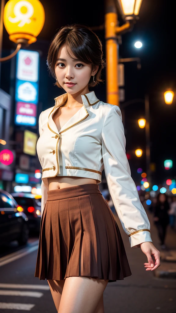 cute young Woman, korean idol, short brown Hair, Brown Eyes, Empress, pleated skirt suit, street lamps, neons, bustling street background, (navel:1.1,princess eyes), Nobility, Royalty, High Quality, Masterpiece, Highly Detailed
