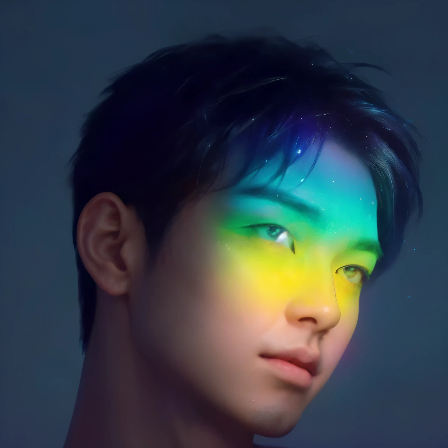 arafed image of a man with a rainbow color lighted face, inspired by Yanjun Cheng, inspired by Russell Dongjun Lu, inspired by jeonseok lee, yanjun chengt, inspired by Bian Shoumin, by Russell Dongjun Lu, inspired by Yeong-Hao Han, glowing rainbow face, by Yanjun Cheng, vibrant fan art, glowing with colored light