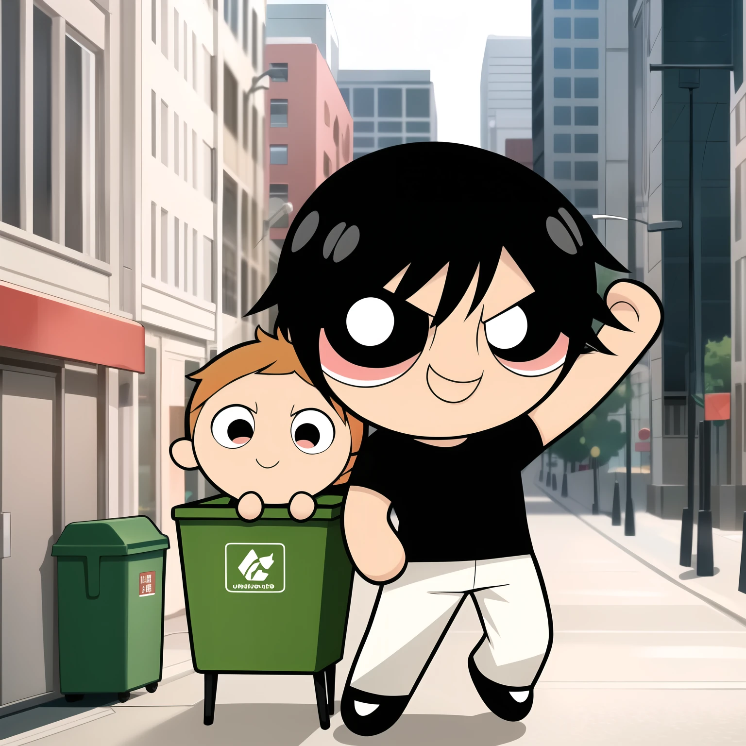 ushiguro toji, muscular male, black shirt, short sleeves, pants, cute smile, full body, chibi, black hair, rubbish bin background, (((Solo)))