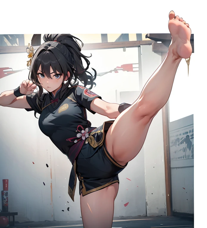 1girl, RuanMei, angry stare, barehands, barefoot, standing on one leg, strong leg high kick, high kick, accurate hands, accurate foot, fighting pose, martial arts, intense battle, barehand fighting contest, facing viewer, perfect anatomy, (best quality,8K,high resolution,ultra-detailed,masterpiece)