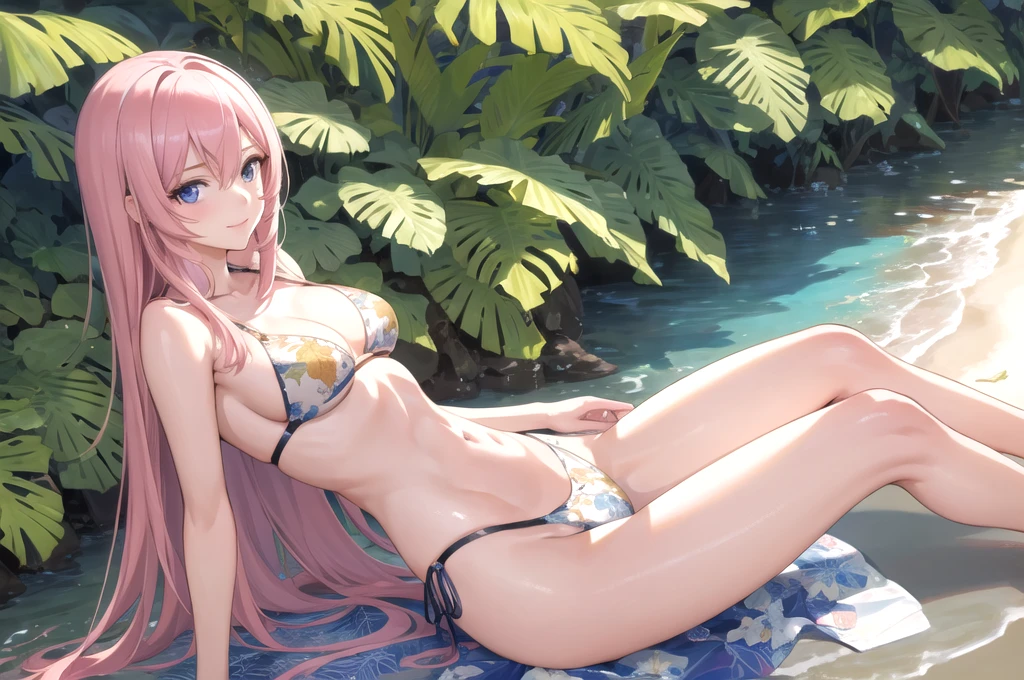(masterpiece, best quality), amazing, Fine details, realistic, Official art, the Extremely Detailed CG Unity 8K Wallpapers, Masterpiece Portrait, realistic, photo, (1 woman:1.5), (1 girl:1.5), (solo girl:1.5), (perfect woman body), realistic, photo, (beautiful woman faces:0.9), (Captivating anime woman), Beautiful style, (luka megurine), (long pink hair), bright blue eyes, smile, (slender body), (medium breasts:1.1), large , on beach, (botanical print bikini:1.3), (random color bikini:1.3), closed_mouth, looking at viewer, palm_trees, sitting under trees, scenery focus, aerial_view, summer, (beach), nature, daybreak, blue_sky, horizon, landscape, perfect lighting, aesthetic, wallpaper, scenery, (from-side), from behind, high leg swimsuit,